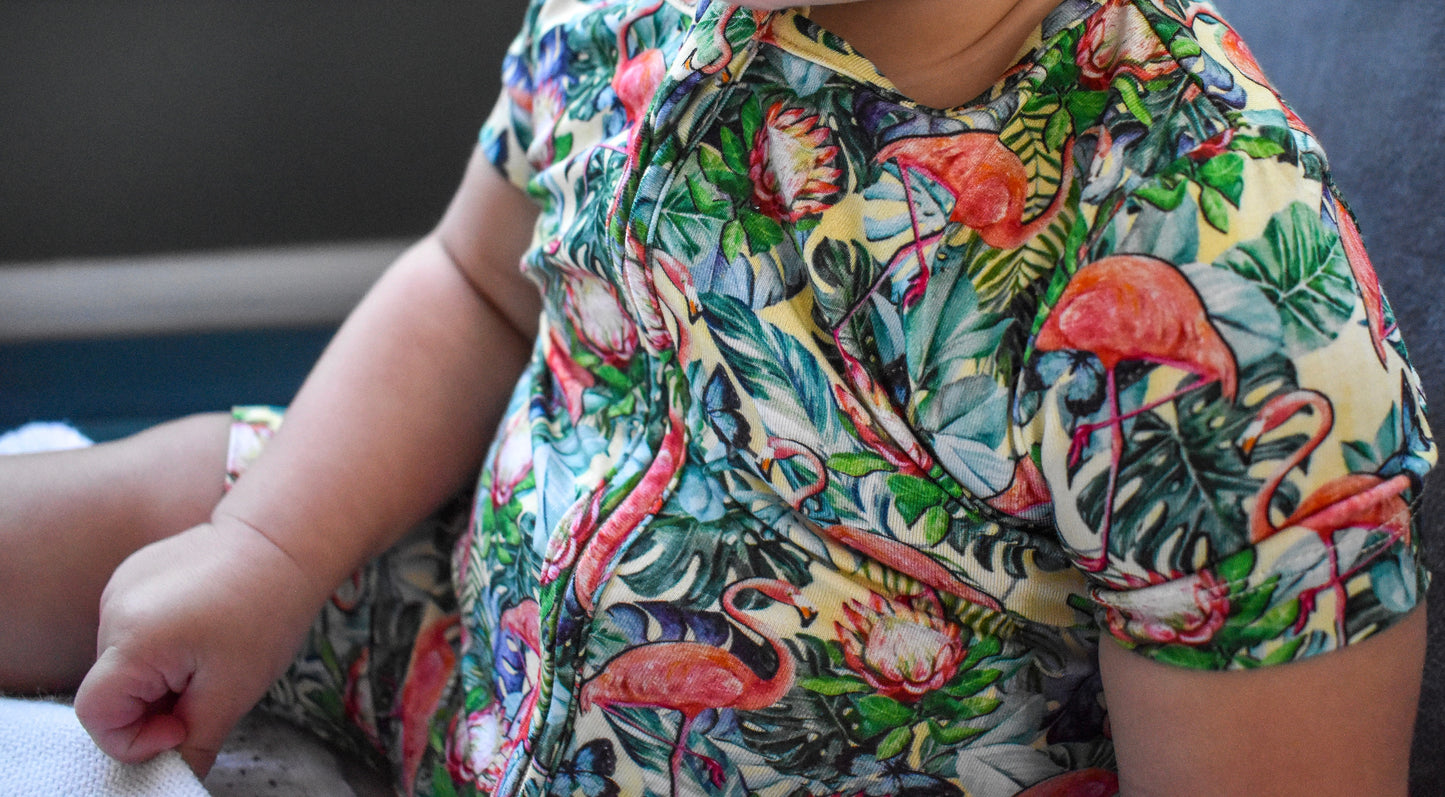 Bamboo Shortie Romper in "Hawaiian Flamingos"