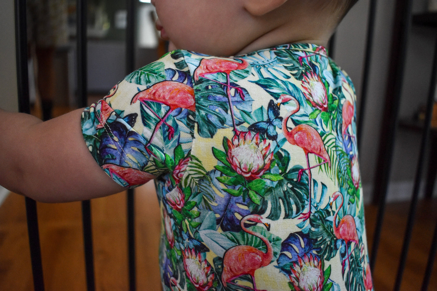 Bamboo Shortie Romper in "Hawaiian Flamingos"